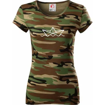 Dámské tričko Papírová loďka na vodě - Dámské maskáčové triko - L ( Hnědý maskáč )