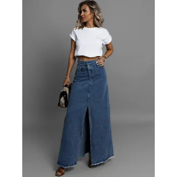 Dámské šaty Modrá džínová dlouhá sukně JANDRIS s rozparkem Velikost: S