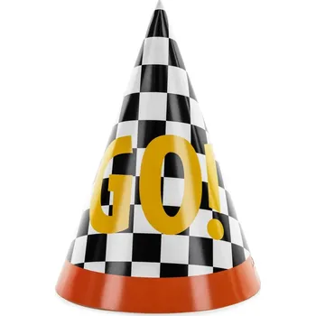 Party dekorace Party čepičky "GO" s motivem šachovnicové vlajky 16 cm, 6 ks