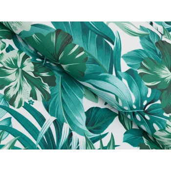 Bavlněná látka/plátno Sandra SA-484 Modro-zelené květy a listy monstery na bílém - šířka 160 cm