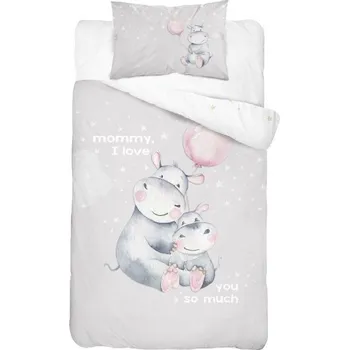 DETEXPOL Bambusové povlečení do postýlky Hroch Love grey Bavlna, Bambus, 100/135, 40/60 cm