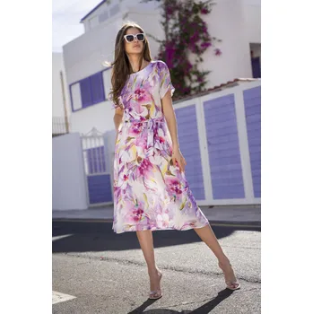 Dámské šaty Šifonové šaty pod kolena s květinami A510 Barva: Fialová, Velikost: L