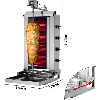 Kuchyňský gril G.Gastro Gril na gyros/kebab - 4 hořáky (pohyblivé) - max. 60 kg - vč. křídlových dvířek