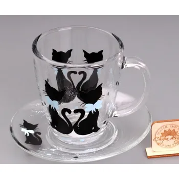 Sada hrnek klasik s podšálkem - kočky modrá mašle