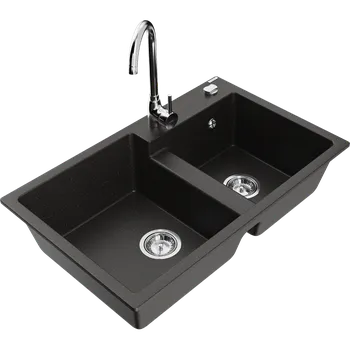 Granitový dřez Mexen Tomas žulový dřez 2-komorový s kuchyňskou baterií Telma, černý/zlatý metalik - 6516-75-670200-00 Granitové dřezy s baterií