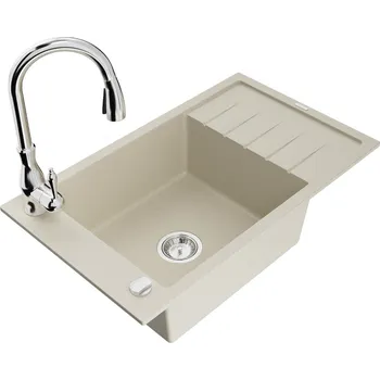 Granitový dřez Mexen Elias 1-miskový granit dřez s odkapem a baterií Savita, béžová 6511-69-672601-00