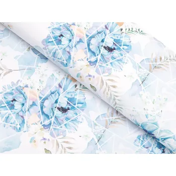 Teflonová látka na ubrusy TF-087 Modré květy na geometrickém bílém - šířka 155 cm