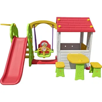 Dětský domeček Ramiz Dětský zahradní domeček se skluzavkou, košíkovou a houpačkou žlutý/zelený/červený