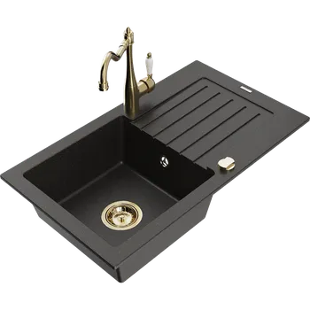 Granitový dřez Mexen Pablo granitový dřez s 1 komorou, odkapávačem a kuchyňskou baterií Carla, černý/zlatý metalík - 6510-75-670700-50 Granitové dřezy s baterií