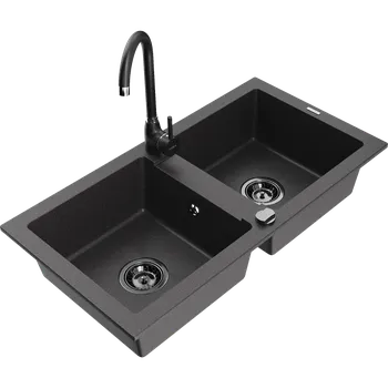 Granitový dřez Mexen Mario žulový dřez 2-komorový s kuchyňskou baterií Telma, černý skvrnitý - 6504-76-670200-70-B Granitové dřezy s baterií