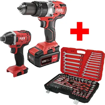 Flex PD 2G 18.0-EC FS55 aku-vrtačka + ID 1/4" 18.0-EC aku-rázový utahovák + 1/4" + 3/8" + 1/2" 130dílná sada nářadí 4-32mm, 3 ráčny a klíče - SET-FX-516236-E