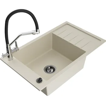 Granitový dřez Mexen Elias 1-miskový granit dřez s odkapem a baterií Duo, béžová 6511-69-671701-07-B