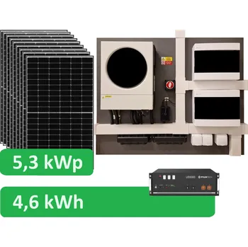 solární set BATTERY CHARGER Předpřipravený solární set Komfort 5300 - 1fázový 230V 5300Wp/h Lithiová baterie 4,8kWh 5600W kombi MPPT s možností napojení sítě 230VAC nebo agregátu