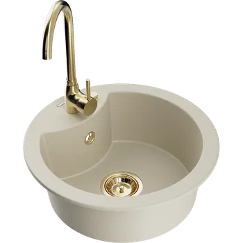 Granitový dřez Mexen Diego granitový dřez 1-komorový s kuchyňskou baterií Telma, béžový - 6512-69-670200-50 Granitové dřezy s baterií