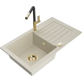 Kuchyňský dřez Mexen Pablo 1miskový granit dřez s odkapem a baterií Flora, béžová 6510-69-670401-57-G