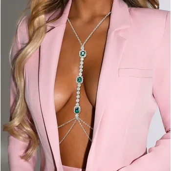 Náhrdelník B-TOP Sexy štrasový náhrdelník na tělo se zelenými kamínky