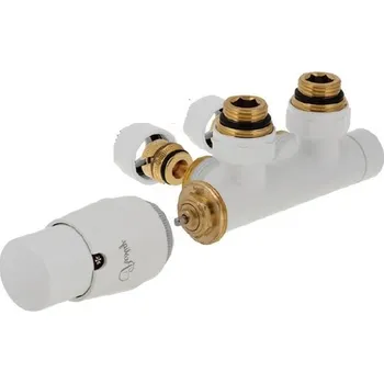 HS Twins - připojovací armatura pro středové připojení 50 mm s termostatickou hlavicí nalevo, pro PEX, ALPEX 16mm - bílá Ral 9003