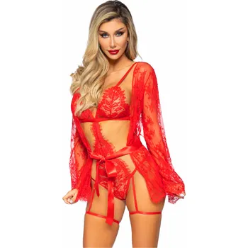 Dámský erotický župan Leg Avenue Teddy, Lace Robe & Ribbon Tie Red Velikost S
