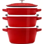 Sada STAUB litinový hrnec,kastrol a pánev s poklicí 24cm SET/4ks červená