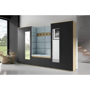 Předsíňová stěna Eka Předsíňová stěna s čalouněnými panely Trinity 10 - Dub Artisan s černou / Světlá modrá 2322