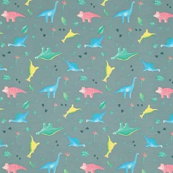Úplet modrošedý, barevní dinosauři, š.150
