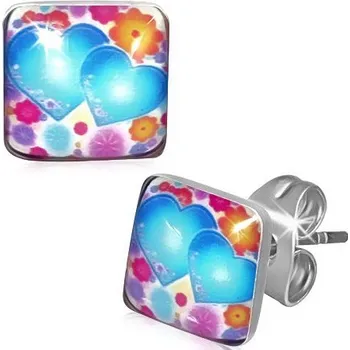 Náušnice Puzetové náušnice – barevné čtvercové se srdíčky a květinami