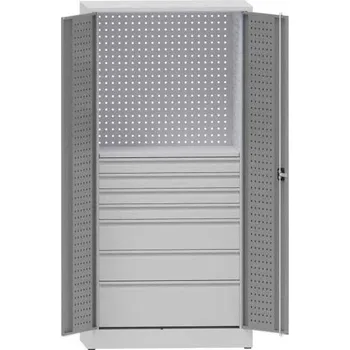 Dílenská skříň na nářadí, v x š x h: 1950x950x500 mm, perforované panely, 7 x zásuvka, barva šedá RAL7035/šedá RAL7035