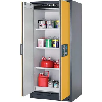 Bezpečnostní skříň na chemikálie 90 min., 3 police + vana, š. 900 mm, dveře žluté