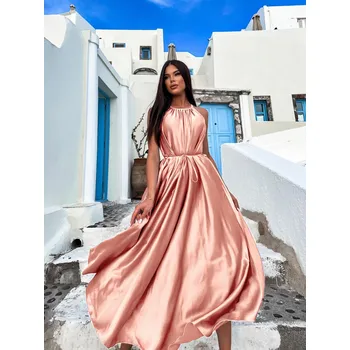 Dámské šaty Světle růžové dlouhé lesklé elegantní šaty MADES se zavazováním Velikost: ONESIZE