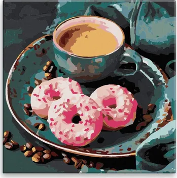 Malování podle čísel - Káva s donutem - 40x40 cm, bez dřevěného rámu - CZ výroba