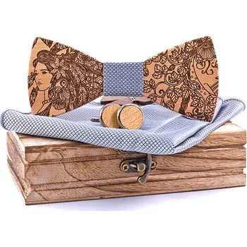 Manžetový knoflíček Set dřevěného motýlku, manžetových knoflíčků a kapesníčku - Madeira dívka, stříbrný