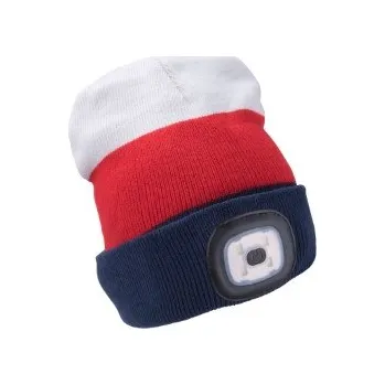 Čepice čepice s čelovkou 4x45lm, USB nabíjení, bílo-červeno-modrá, univerzální velikost, 73% acry