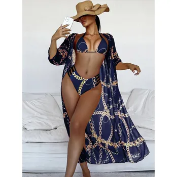 Dámské plavky Dámské plavky dvojdílné s župánkem s potiskem řetězu Barva: tmavě modrá 48, Velikost: S