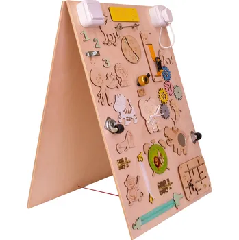 Activity board Dřevěná oboustranná manipulační tabule pro děti 50 x 75 x 50 cm zoo zvířata přírodní