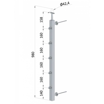 Zábradlí Nerezový sloup na francouzský balkón, boční kotvení, 5 řadový, pravý, vrch pevný, (40x40x2.0 mm), broušená nerez K320 /A