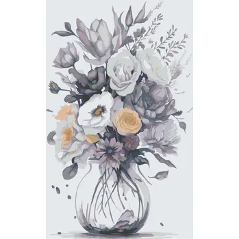 Malování podle čísel - Fialové květy ve skleněné váze 2 Velikost: 20x30cm, Rámování: Pouze srolované plátno