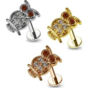 Piercing Piercingate Labreta - sova s kamínky PLA00282 - Barva/Motiv: Zlatá, Délka tyčky: 6 mm, Průměr tyčky: 1,2 mm