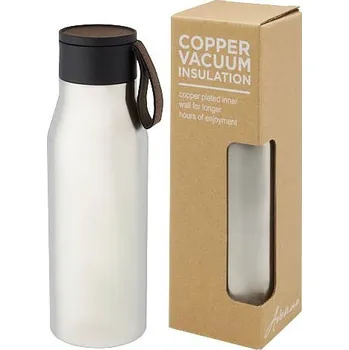 Nerezová láhev o objemu 500&nbsp;ml s měděnou vakuovou izolací, páskem z PU kůže a víčkem Ljungan, stříbrná