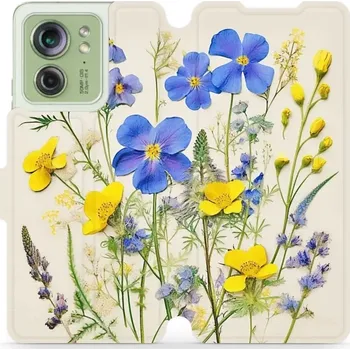 Pouzdro na mobilní telefon Flipové pouzdro Mobiwear - Motorola Edge 40 5G - VP41S Modré a žluté kvítky (Knížkové flip pouzdro, obal, kryt na mobil Motorola Edge 40 5G - VP41S Modré a žluté kvítky, materiál Umělá kůže + TPU - ochrana 360°, stojánek, silikonová vanička, magnetické)