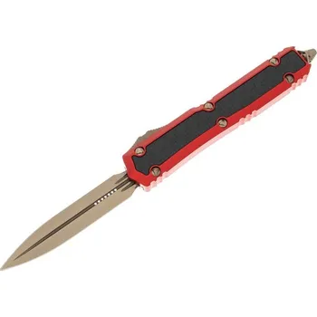 Pracovní nůž Microtech Makora D/E, vystřelovací nůž s klipem, bronzová čepel, červený 206-13RDCFIS
