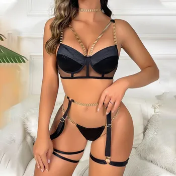 Dámská erotická souprava Erotický komplet s podvazky 2 barvy M-2XL Barva/velikost: Černá XL/2XL