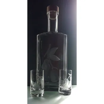 Sklenice lahev na hruškovici 0,5l+ 2ks likér - ručně ryté (broušené), dárková krabička