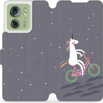 Pouzdro na mobilní telefon Flipové pouzdro Mobiwear - Motorola Edge 40 5G - V024P Jednorožec na kole (Knížkové flip pouzdro, obal, kryt na mobil Motorola Edge 40 5G - V024P Jednorožec na kole, materiál Umělá kůže + TPU - ochrana 360°, stojánek, silikonová vanička, magnetické zavírá