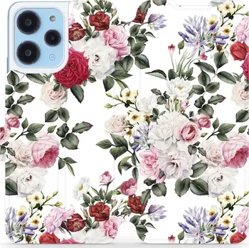 Pouzdro na mobilní telefon Flipové pouzdro Mobiwear - Xiaomi Redmi 12 - MD01S Růže na bílé (Knížkové flip pouzdro, obal, kryt na mobil Xiaomi Redmi 12 - MD01S Růže na bílé, materiál Umělá kůže + TPU - ochrana 360°, stojánek, silikonová vanička, magnetické zavírání)