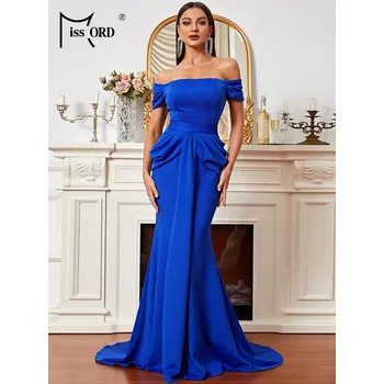 Dámské šaty Elegantní šaty s odhalenými rameny a vlečkou Barva: Modrá, Velikost: L