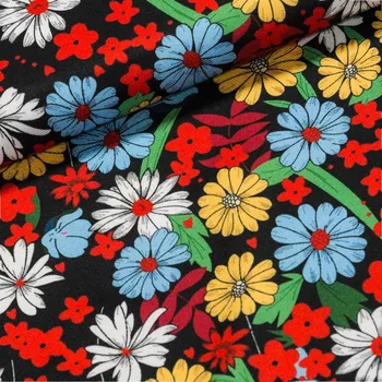 Šatovka viskózová DT-23090, červené, modré a žluté květy, š.150cm (látka v metráži)