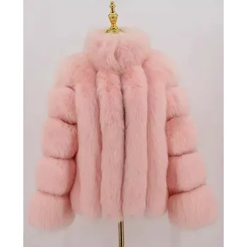 Dámská parka Zimní kožešinová bunda kožich se stojatým límcem Barva: Růžová, Velikost: S