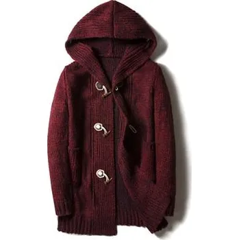 Pánský svetr Pletený kardigan pro pány na knoflíky s kapucí Barva: Vínová, Velikost: 3XL