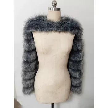 Dámský kožich Crop kožich s dlouhým rukávem Barva: Stříbrná, Velikost: 3XL