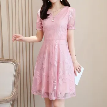 Dámské šaty Čína Elegantní společenské šaty s dvojvrstvým efektem a vyšívanými květy Barva: růžová (Short Sleeve-Pink-A), Velikost: 4XL